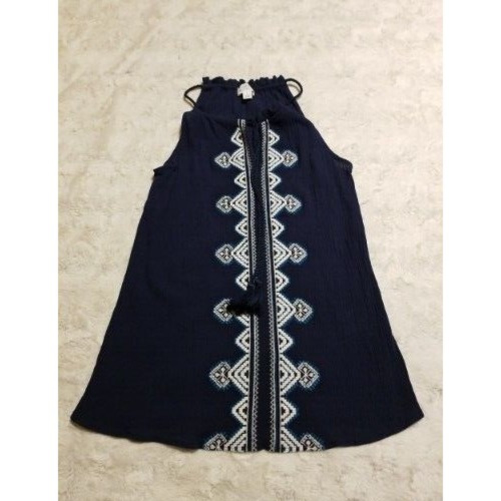 Market & Spruce Tunic Top Size Small Blue Boho Geometric Sleeveless Tassel